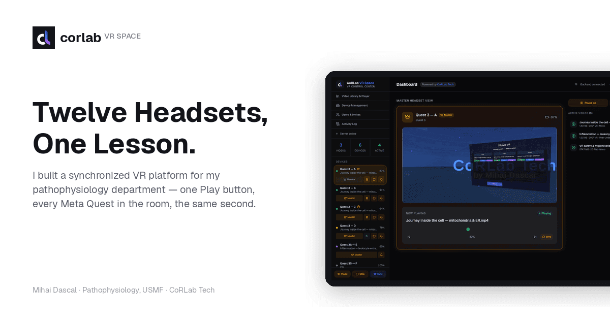 CoRLab VR Space control dashboard, which starts and syncs the same 360° video on every headset in a classroom